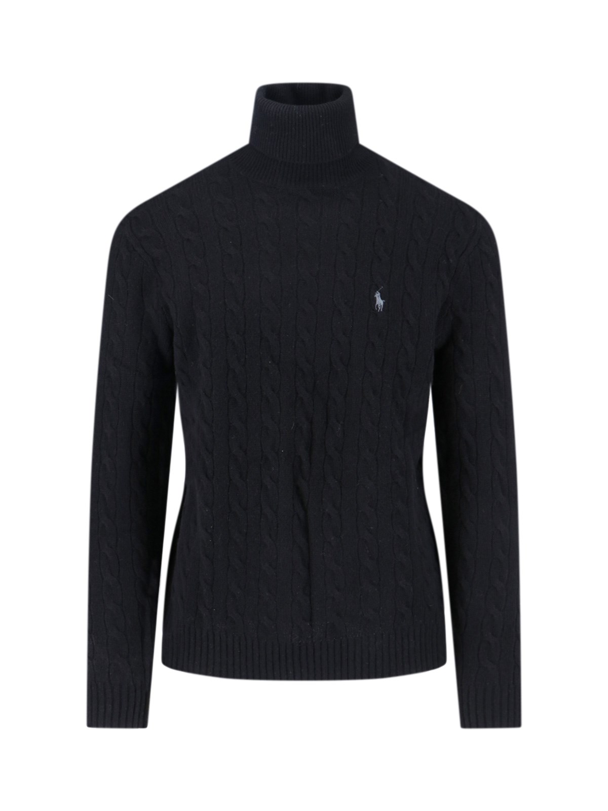 Polo Ralph Lauren Cable Knit Black Turtleneck Sweater With Embroidered Logo In Blue