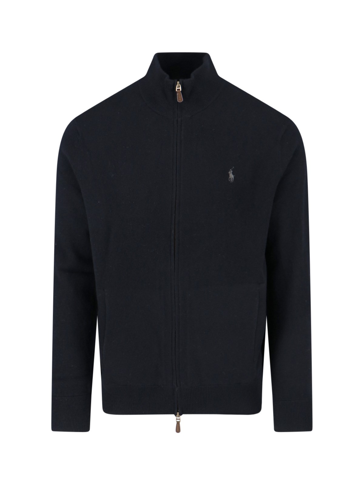 Polo Ralph Lauren Black Cardigan With High Neck And Pony Embroidery On The Front In Wool Man In Black