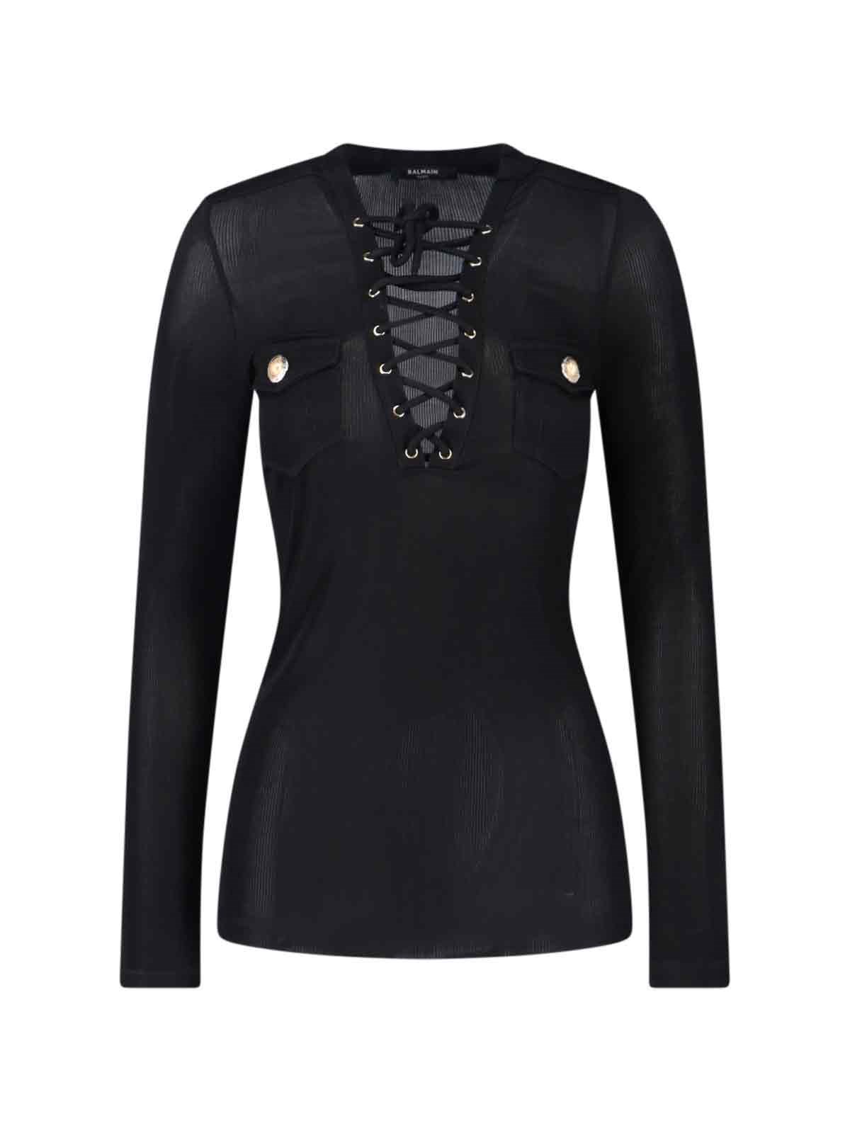 Balmain Long-sleeved Lace-up Top In Black