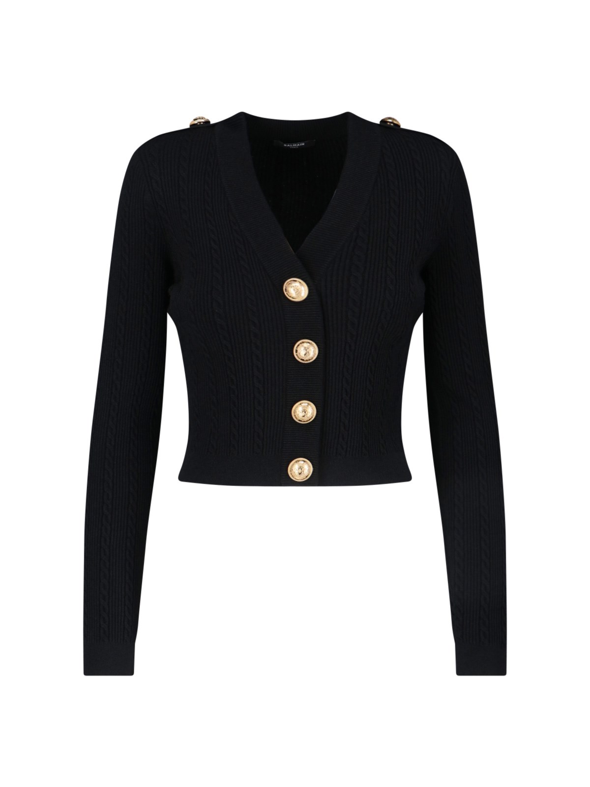 Balmain Black Ribbed Cardigan With Shoulder Pads And Logoed Metal Buttons In Black