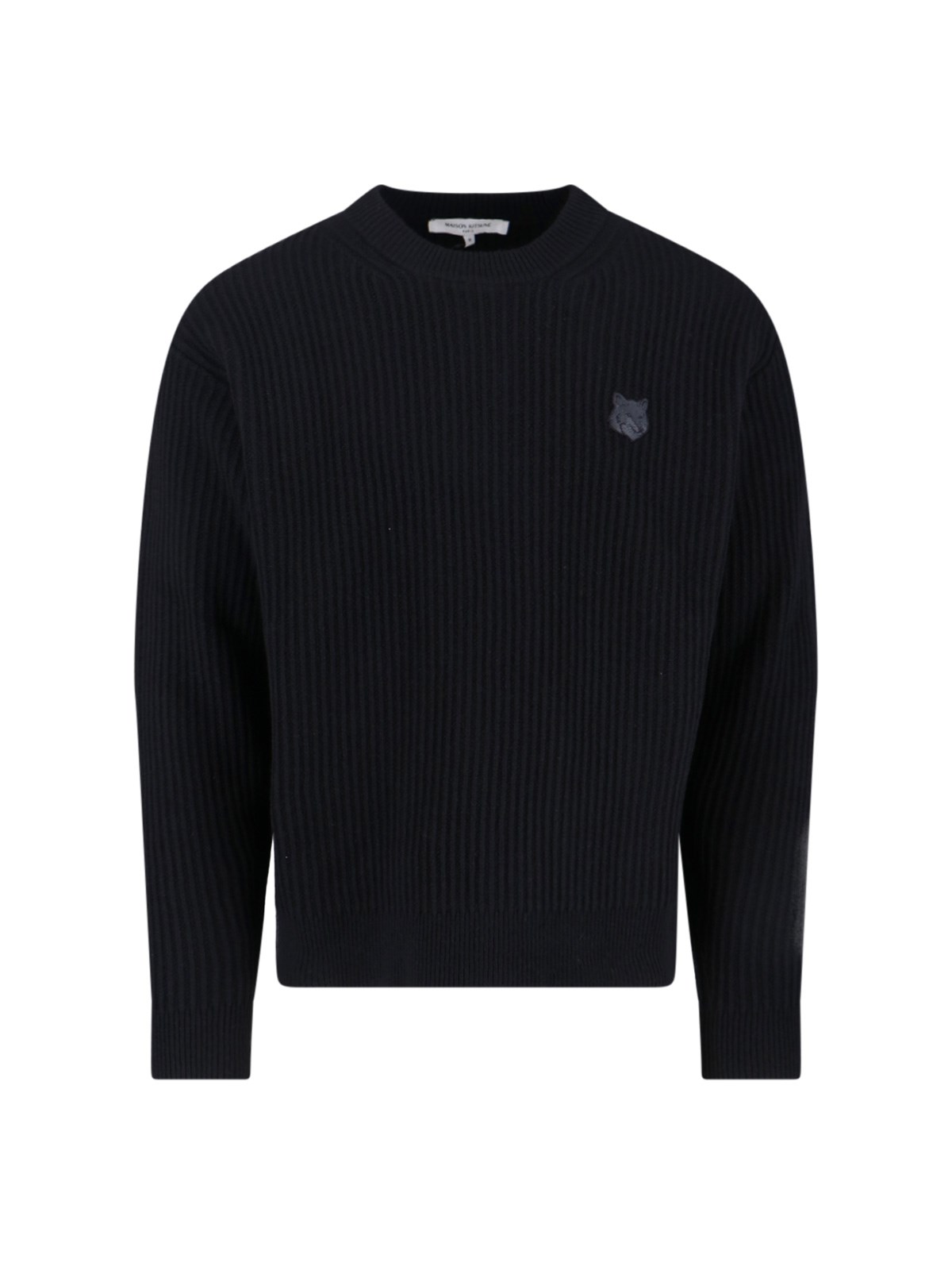 Maison Kitsuné Ribbed Knit Sweater With Cropped Fit And Embroidered Emblem In Black