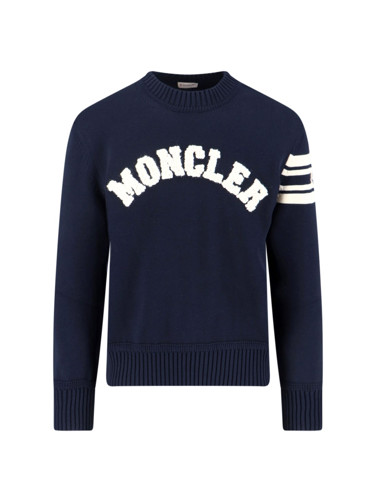 Moncler Cotton Crew Neck Sweater With Ribbed Cuffs And Hem In Blue