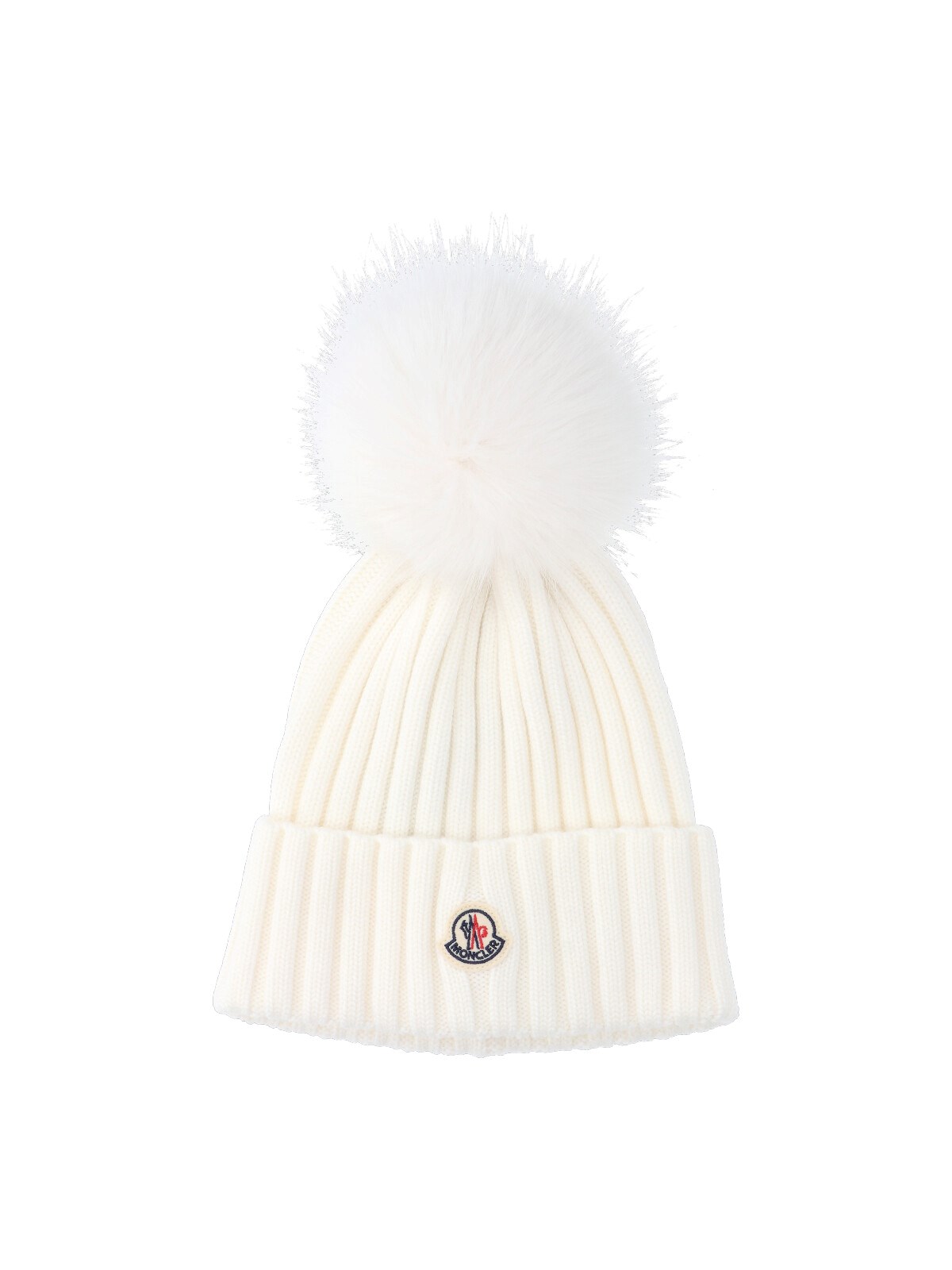 Moncler Virgin Wool Rib Beanie With Faux Fur Pompom In White