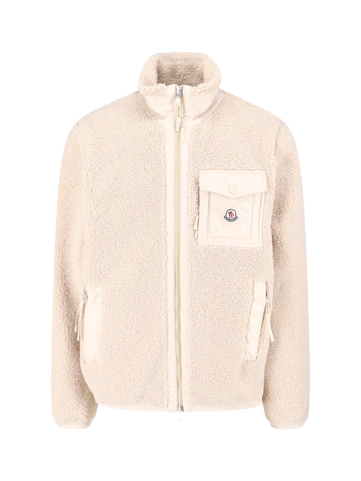 Moncler Teddy Zip-up Sweatshirt With Nylon Pocket In Neutral