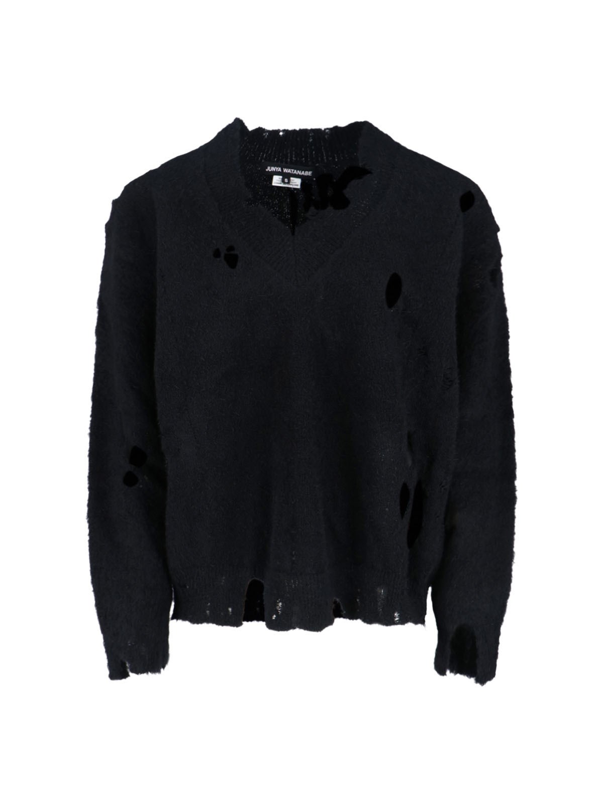 Junya Watanabe V-neck Knitwear With Distressed Long Sleeves In Blue