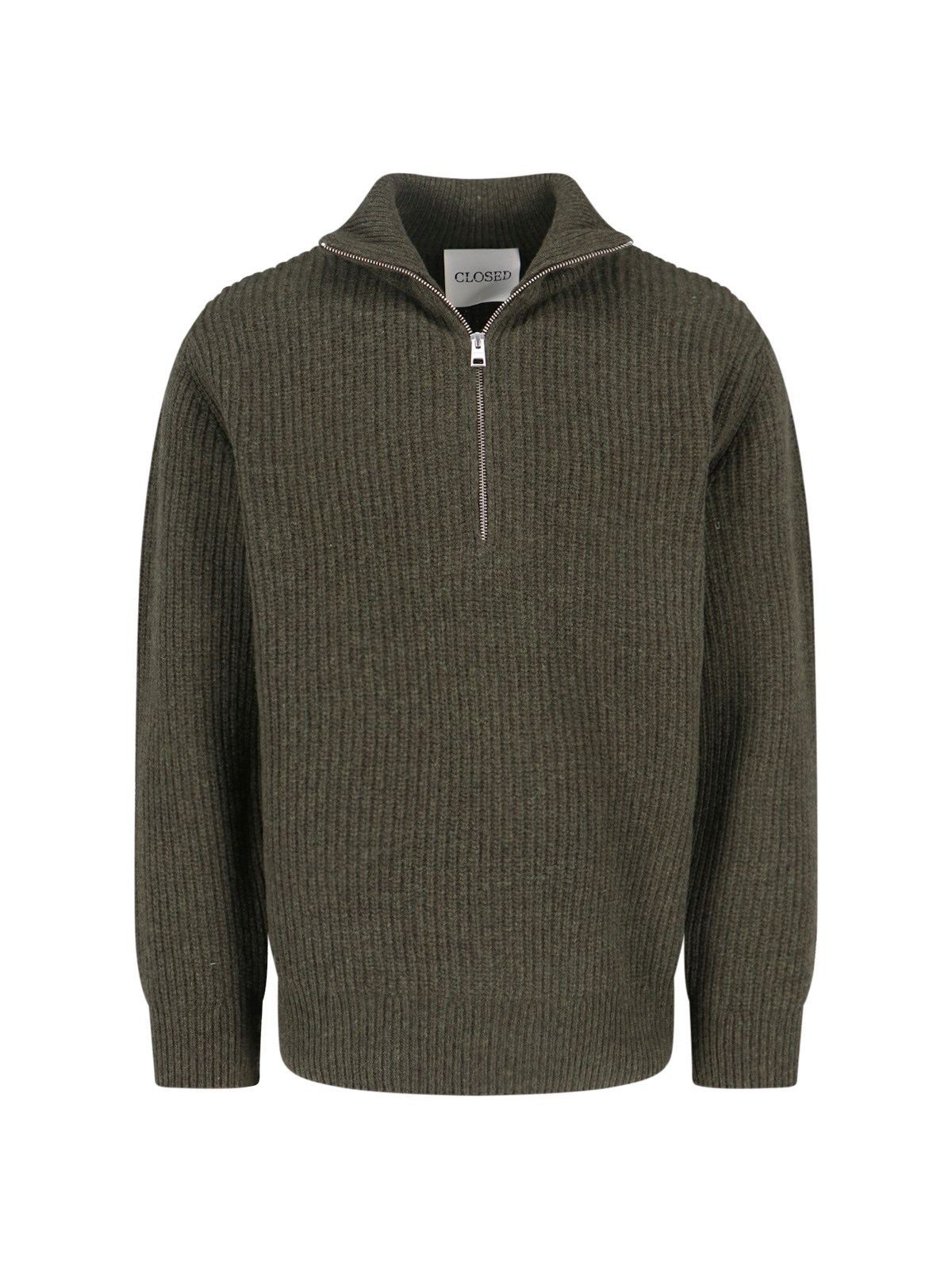 Closed High Collar Long Sleeve Knit Sweater In Green