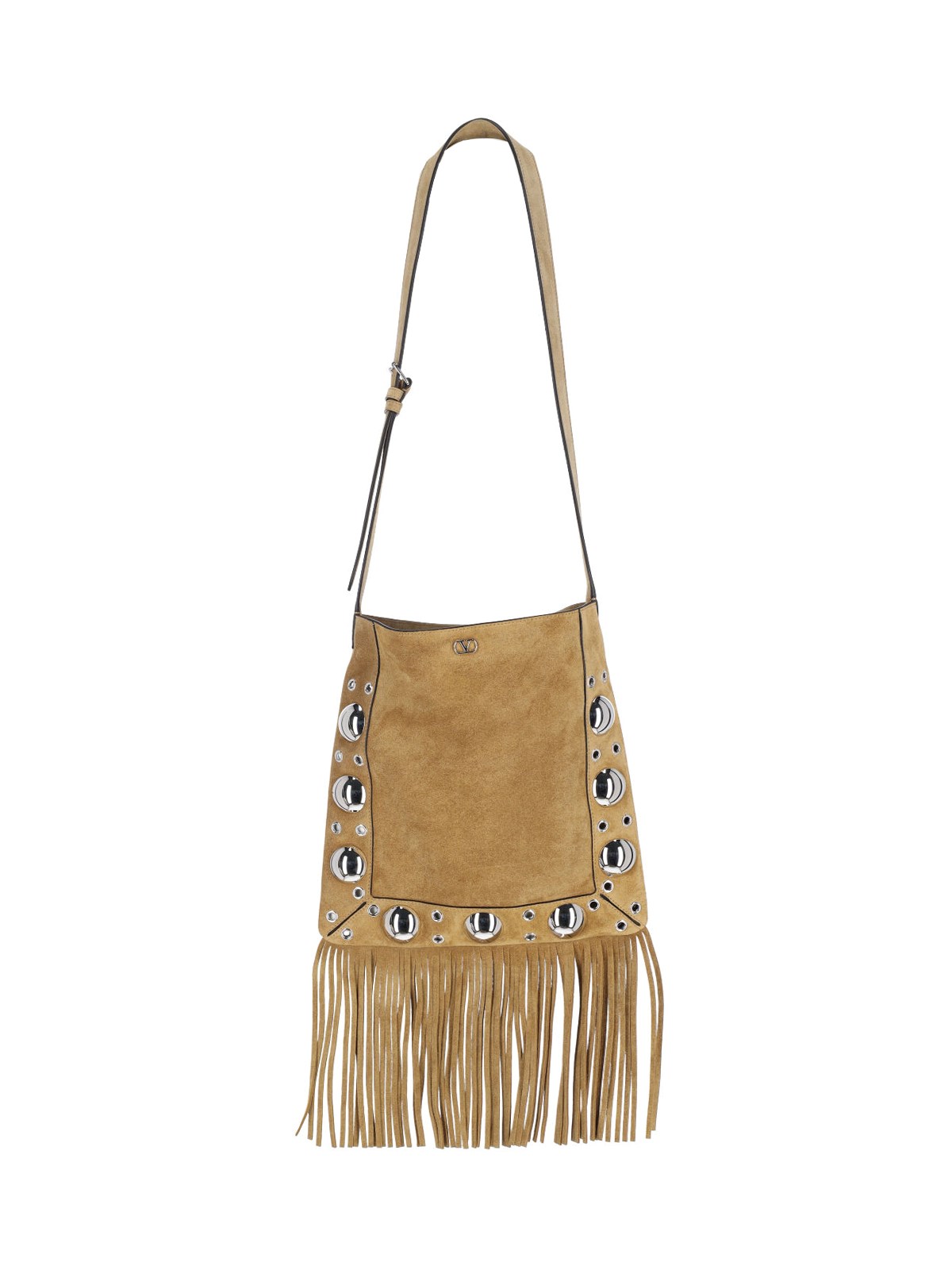 Valentino Nellcote Fringe Studded Suede Crossbody Bag In Sand