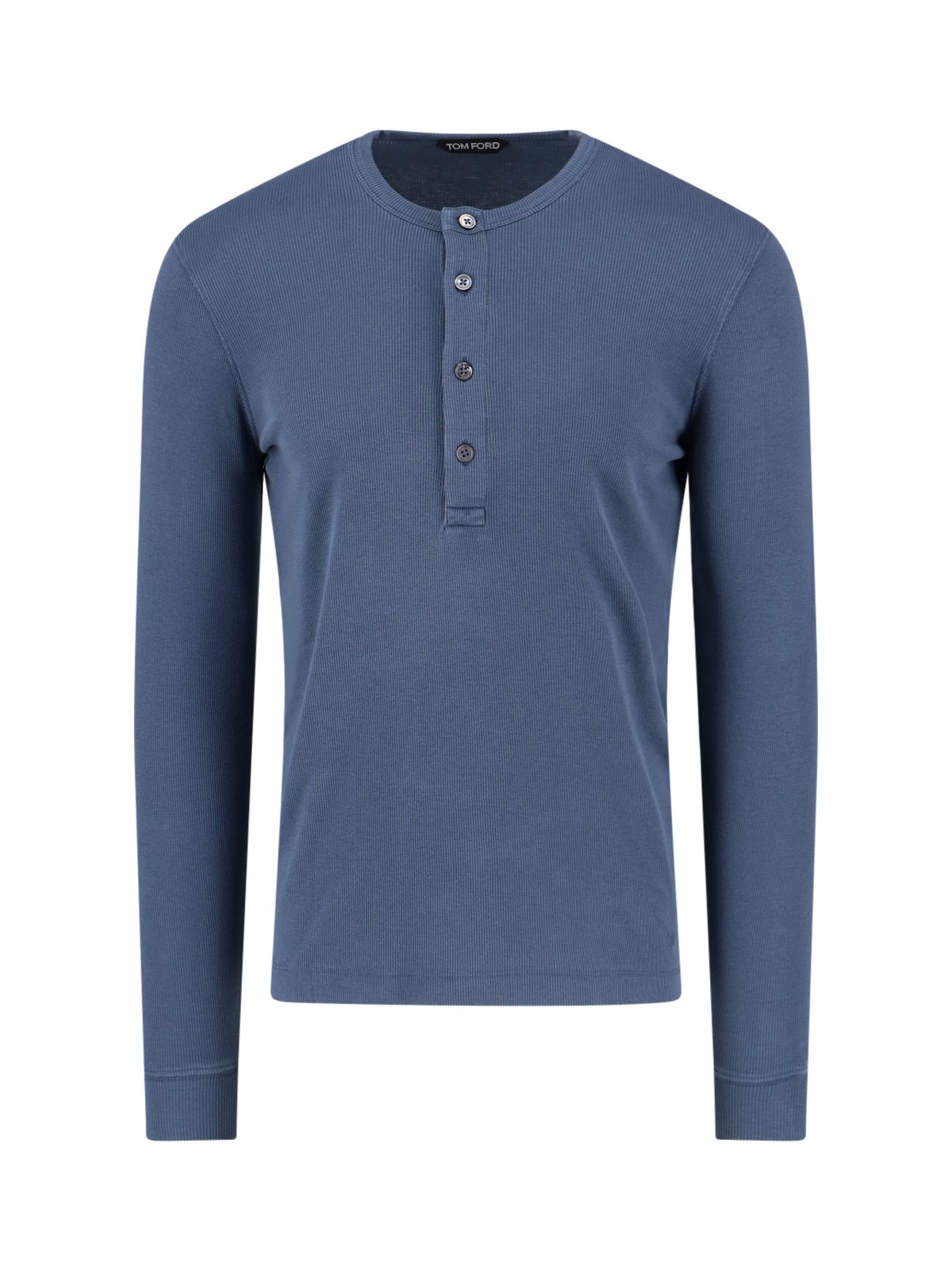 Tom Ford Ribbed Blue Henley Shirt With Button Closure And Drawstring Detail In Blue