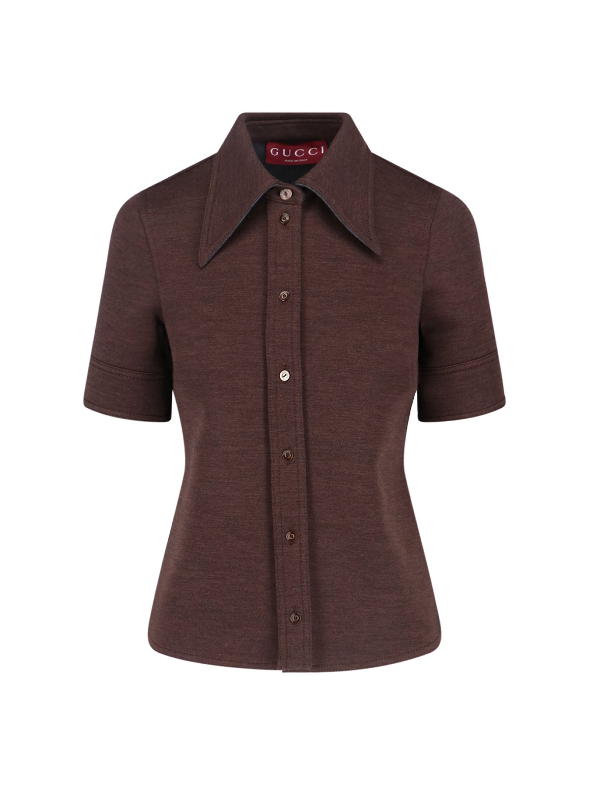 Gucci Women Brown Shirt With Polo Style Pointed Collar In Wool And Cotton Blend Woman In Brown