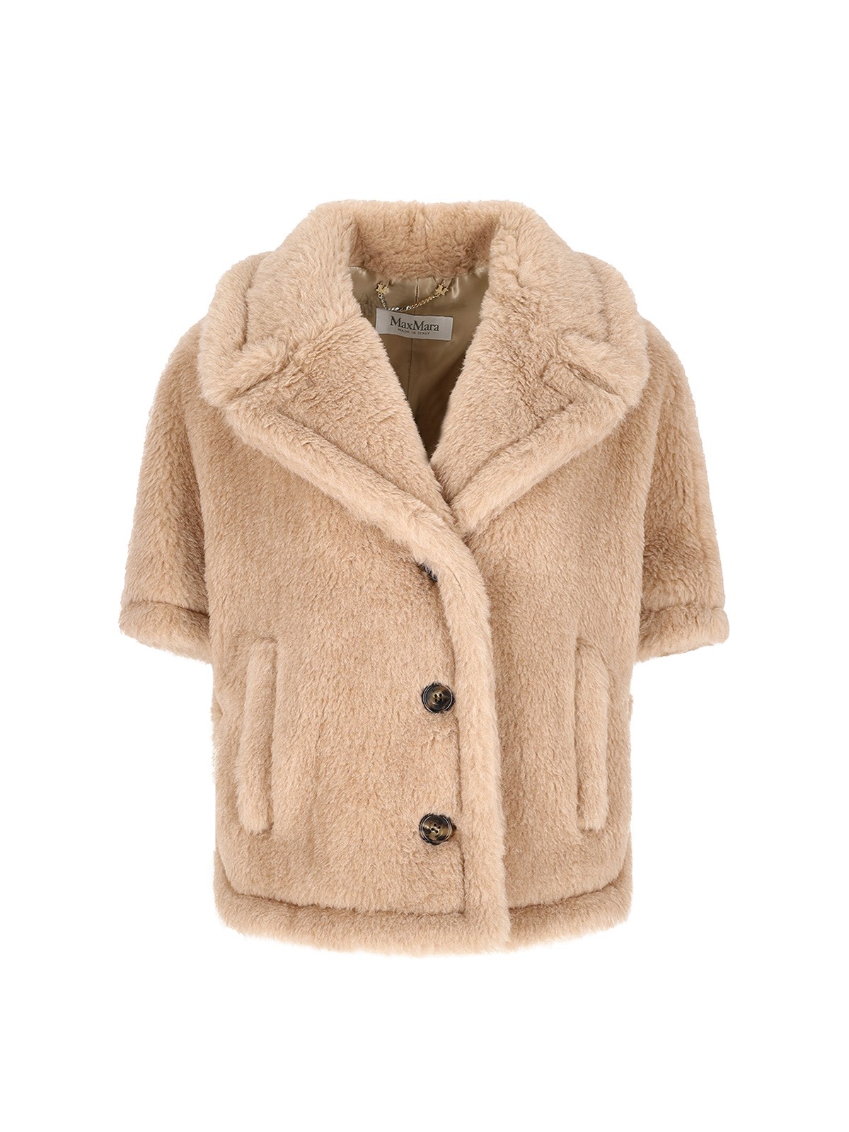 Max Mara Faux Fur Coat Short Sleeves Pockets In Sand