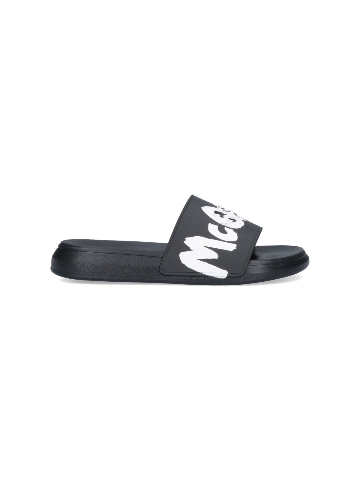 Alexander Mcqueen Graffiti Logo Rubber Slide Sandals In Nero