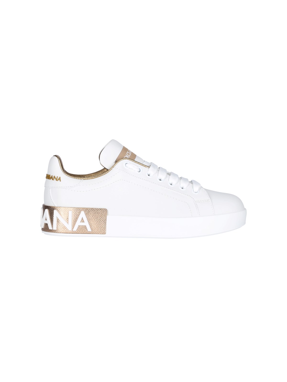 Dolce & Gabbana Portofino White And Gold Low Top Sneakers With Logo In Leather Woman In Bianco